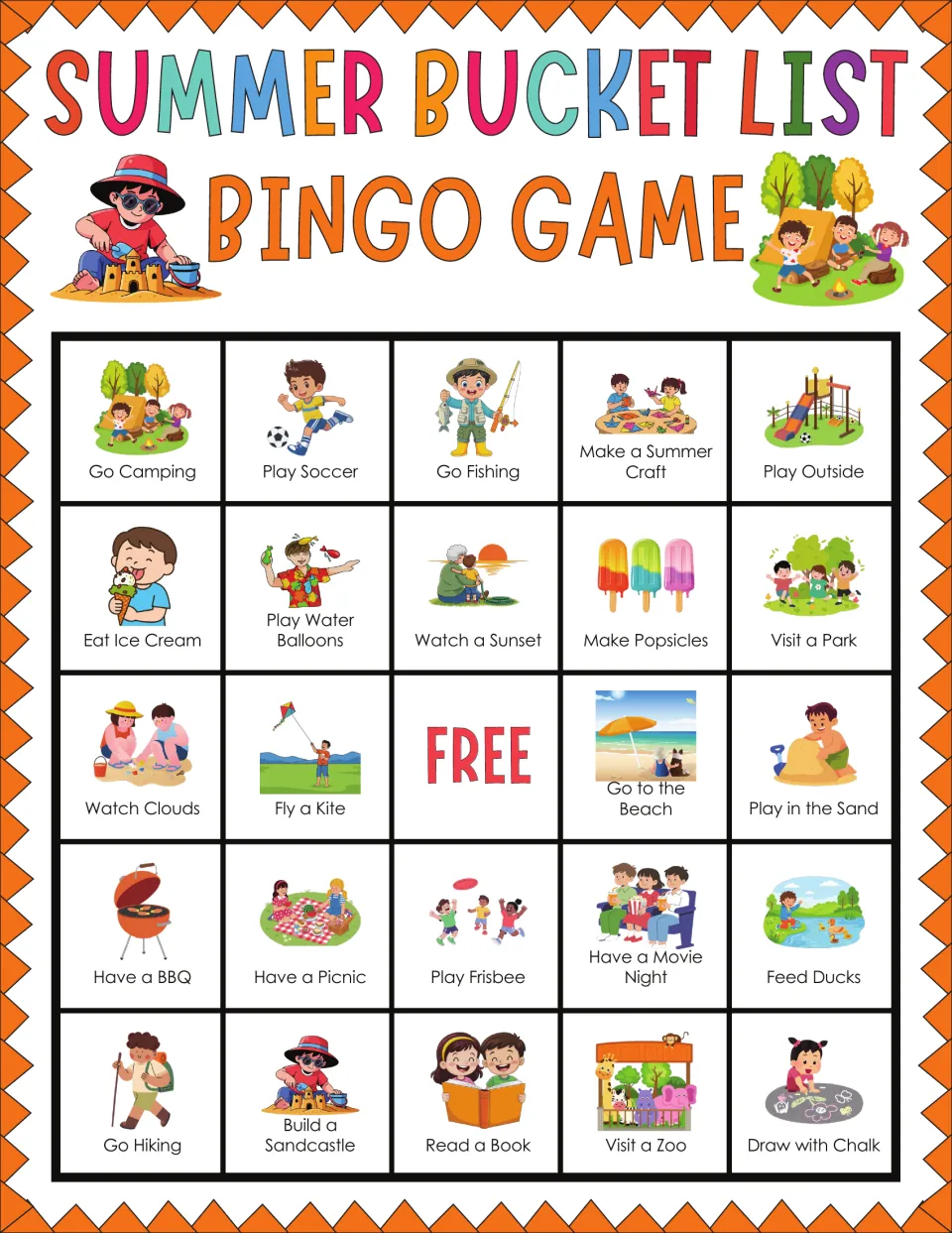 Bingo card of summer activities to cover as called, beginning Go Camping, Play Soccer, Go Fishing, Make a Summer Craft