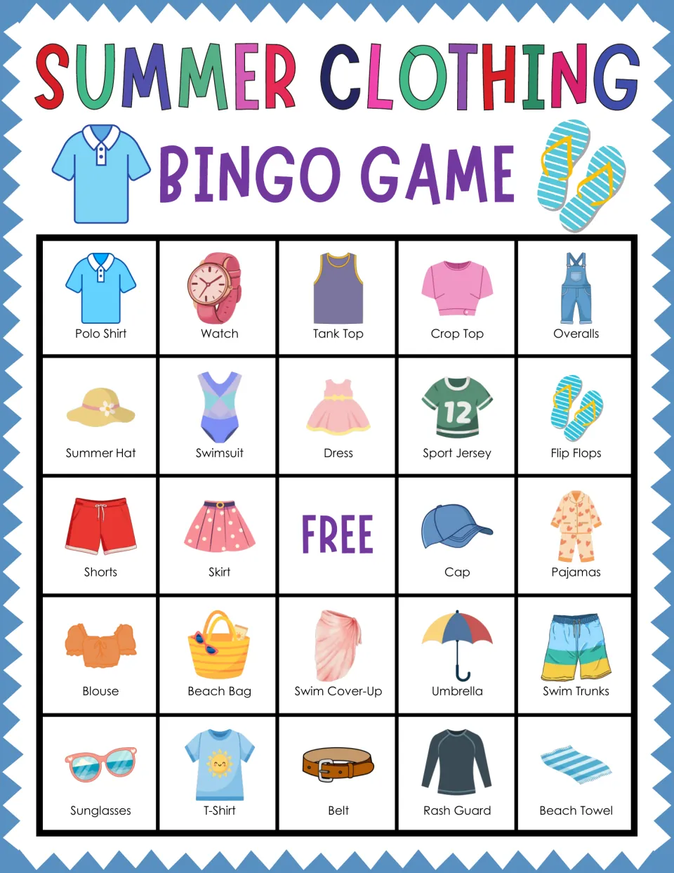 Summer Clothing Bingo card: students match called clothing words to pictures, from Polo Shirt and Watch to Beach Towel