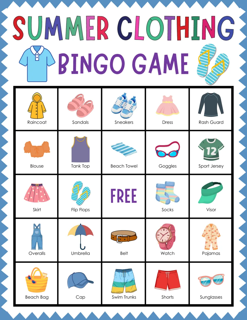 Clothing vocabulary bingo card: students listen and mark pictured items such as Raincoat, Sandals, Sneakers and Goggles