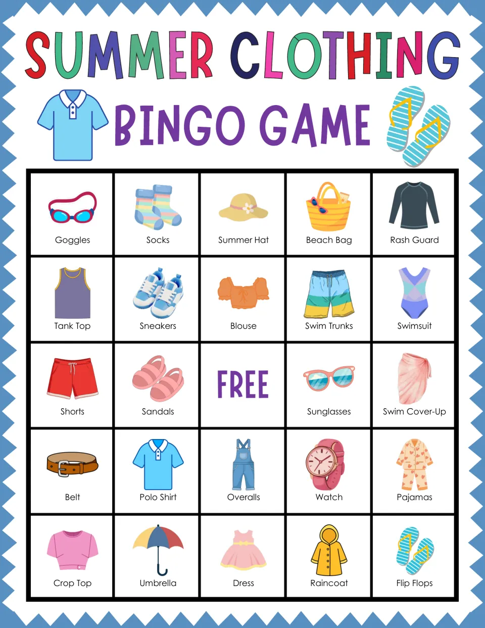Summer wear bingo card: learners cover labeled pictures like Goggles, Socks, Summer Hat and Beach Bag when each is called