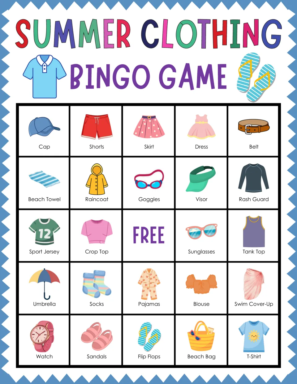 Beach and summer clothing bingo card with Cap, Shorts, Skirt, Dress and Belt on top; players mark each word they hear