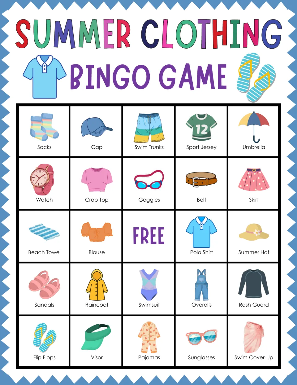 Clothing word bingo card opening with Socks, Cap, Swim Trunks and Sport Jersey; students spot each named item and mark it