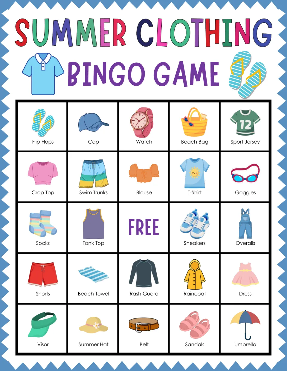 Summer outfit bingo card led by Flip Flops, Cap, Watch and Beach Bag; children find called clothing names and cover them