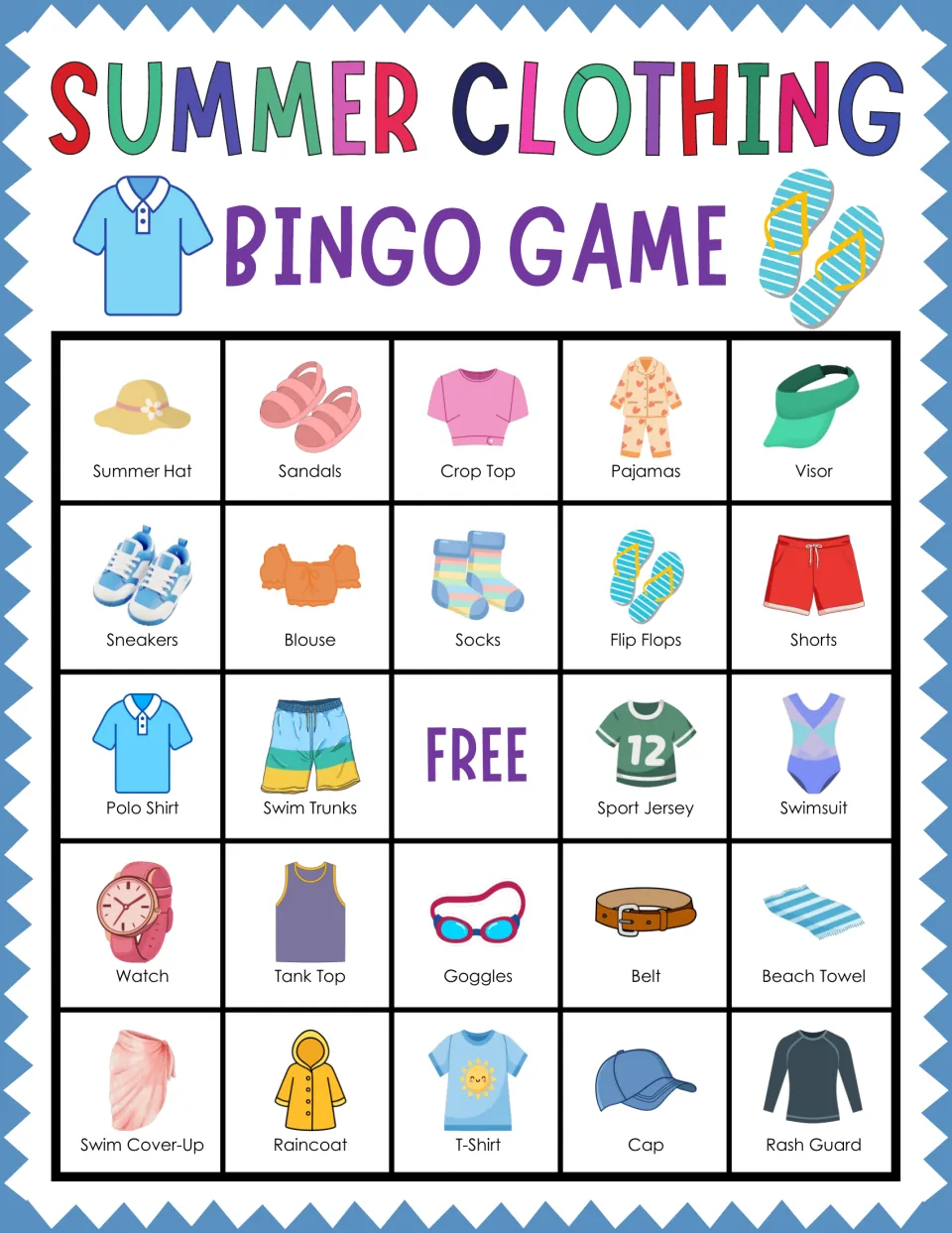 Picture-word clothing bingo card topped by Summer Hat, Sandals, Crop Top, Pajamas and Visor; students mark items as called