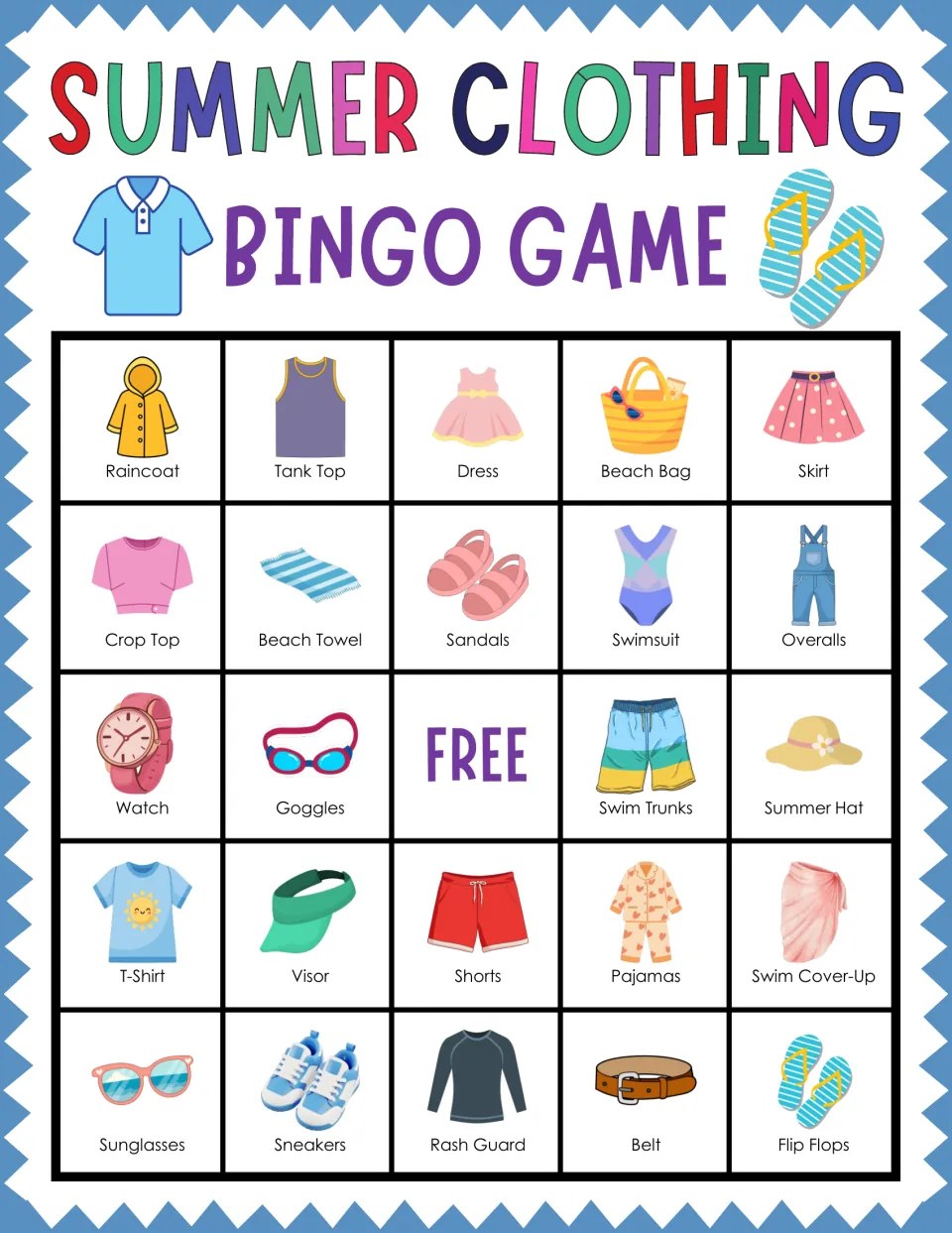 Hot-weather clothing bingo card beginning Raincoat, Tank Top, Dress, Beach Bag and Skirt; players mark heard words to win
