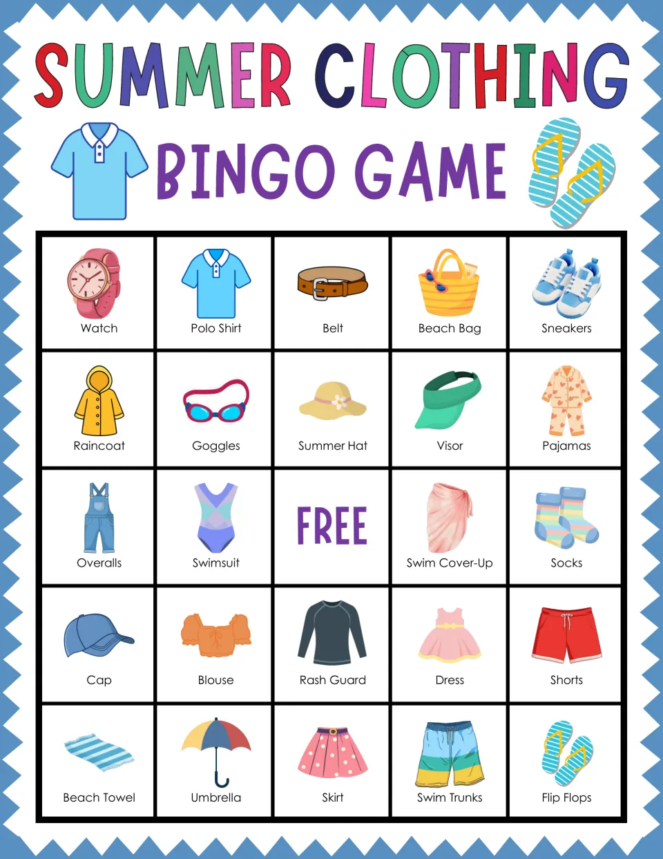 Summer clothes bingo card starting Watch, Polo Shirt, Belt, Beach Bag and Sneakers; learners identify called items to mark