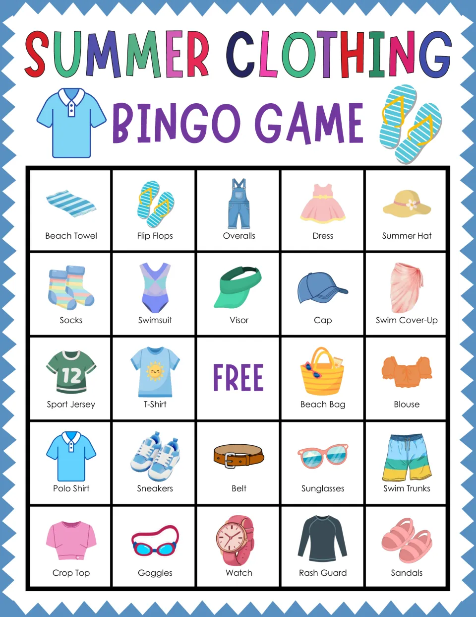 Clothing names bingo card with Beach Towel, Flip Flops, Overalls and Summer Hat first; students cover each called word