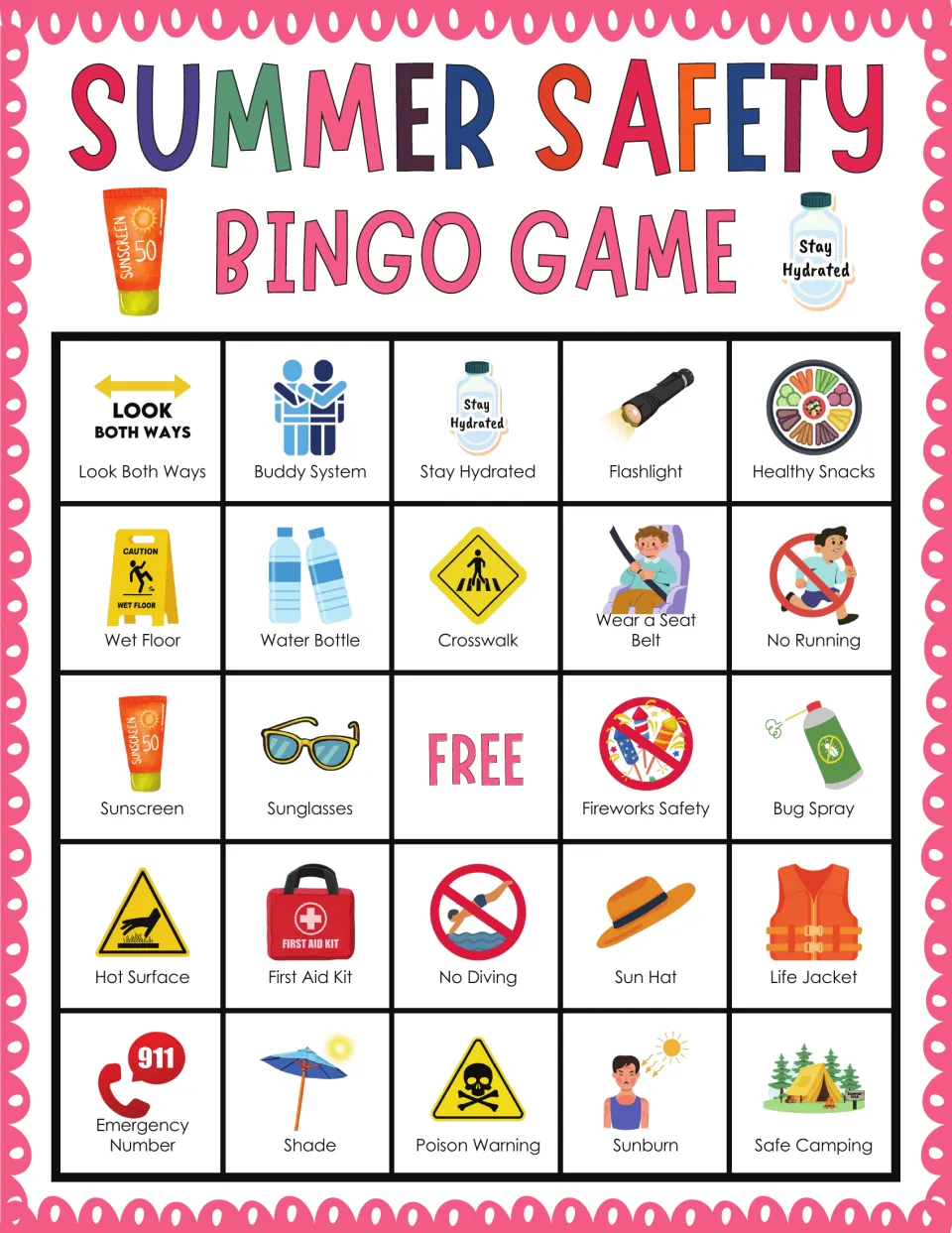 Summer safety bingo: students mark picture squares like Look Both Ways, Buddy System, Stay Hydrated and Flashlight