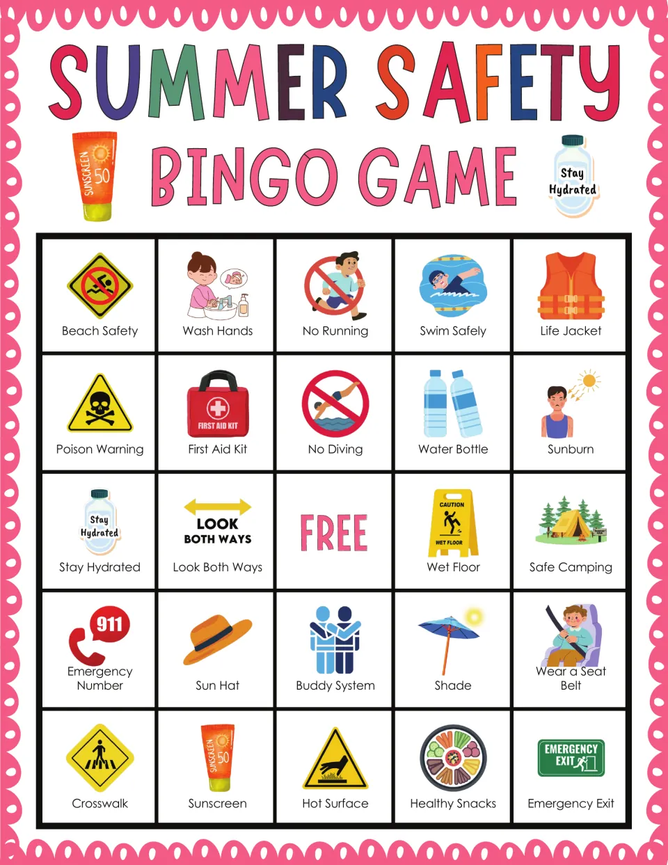 Summer safety bingo: players cover called tips starting with Beach Safety, Wash Hands, No Running and Swim Safely