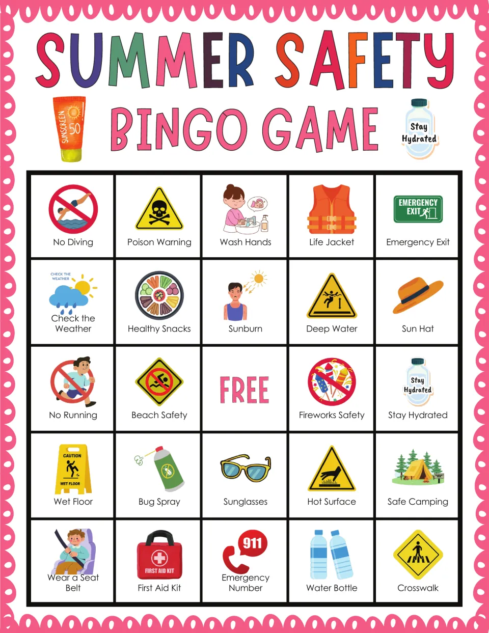 Summer safety bingo: students match called words to icons led by No Diving, Poison Warning, Wash Hands and Life Jacket
