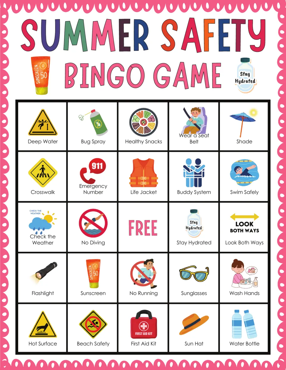 Summer safety bingo: players find called safety words, with Deep Water, Bug Spray, Healthy Snacks and Shade on top