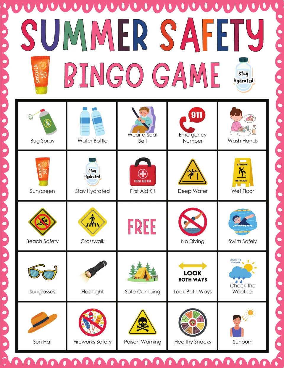 Summer safety bingo: students mark icons like Bug Spray, Water Bottle, Wear a Seat Belt and Emergency Number (911)