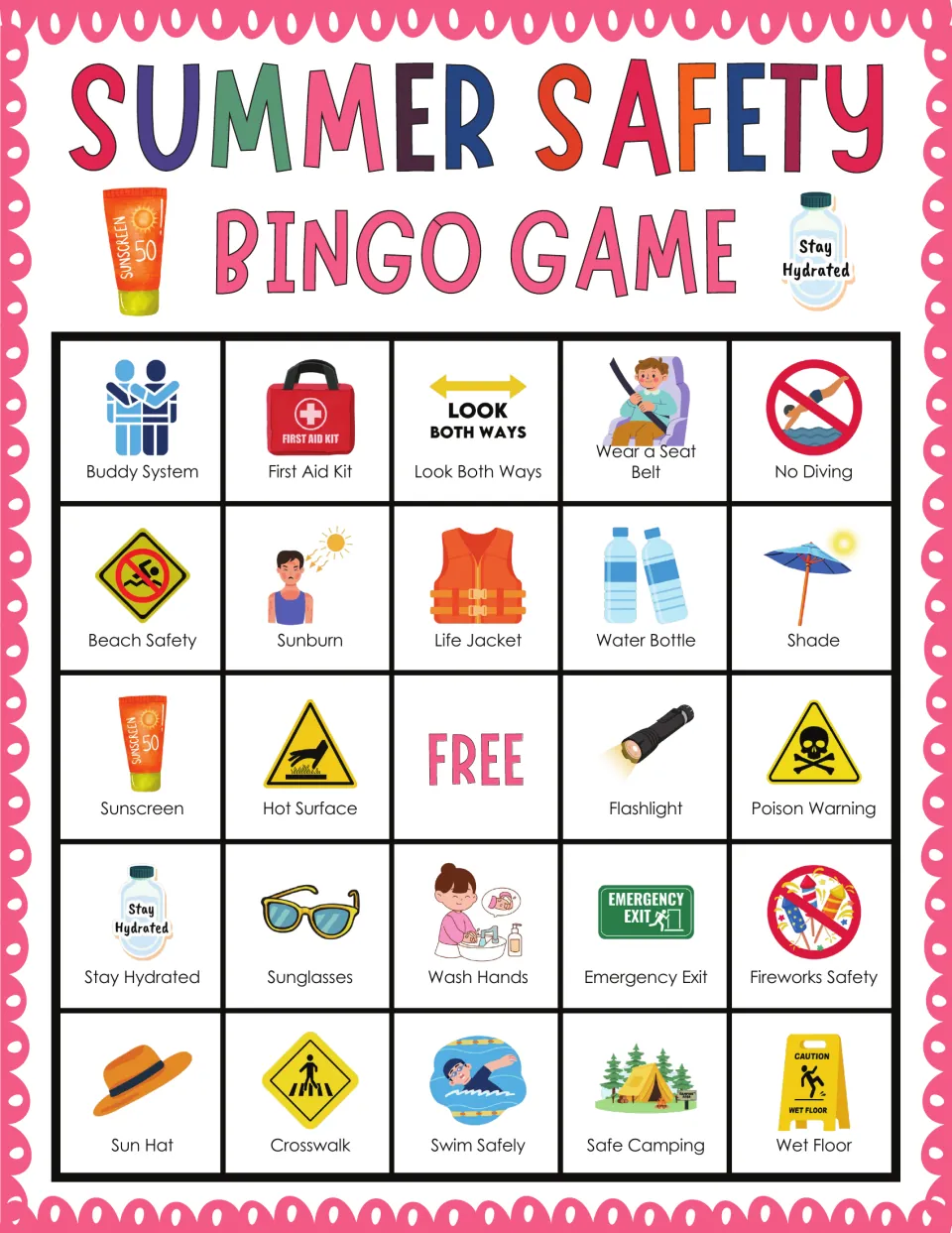 Summer safety bingo: players spot called safety words, beginning with Buddy System, First Aid Kit and Look Both Ways