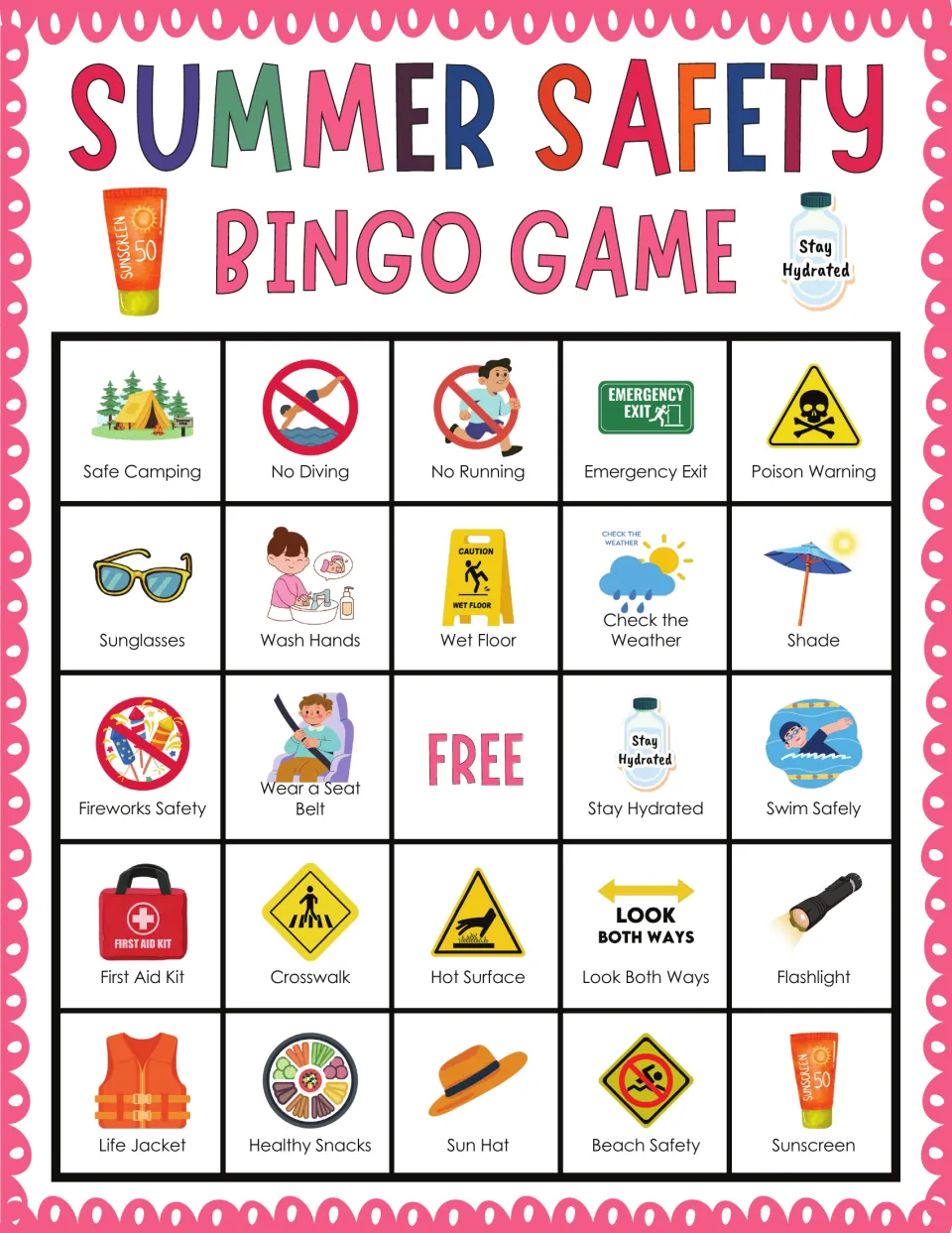 Summer safety bingo: students cover pictured rules such as Safe Camping, No Diving, No Running and Emergency Exit