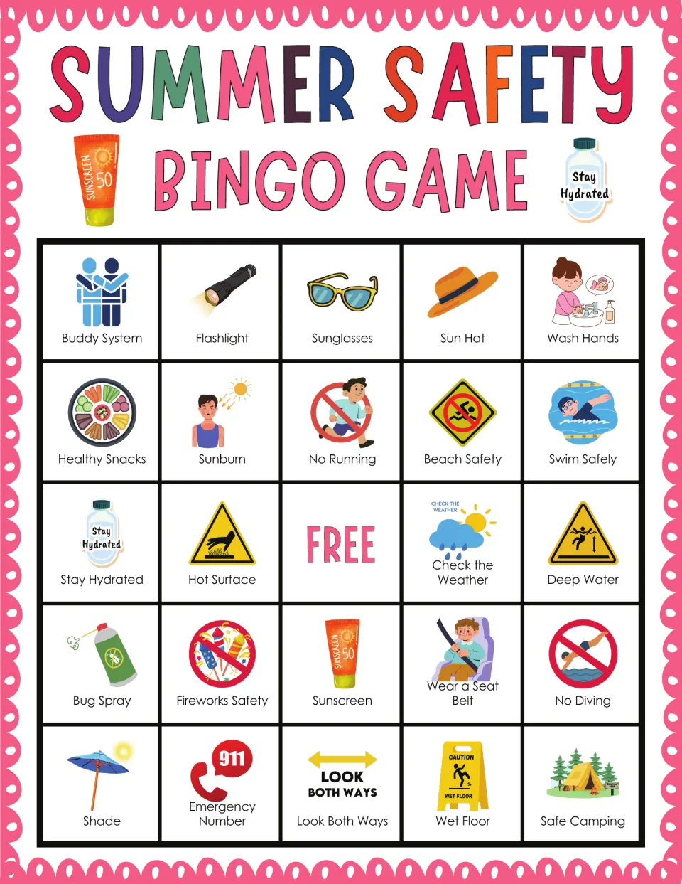 Summer safety bingo: players mark sun and safety icons led by Buddy System, Flashlight, Sunglasses and Sun Hat