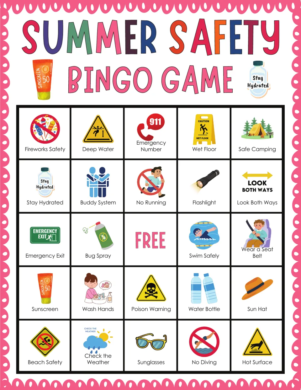Summer safety bingo: students match calls to icons such as Fireworks Safety, Deep Water, Wet Floor and Safe Camping