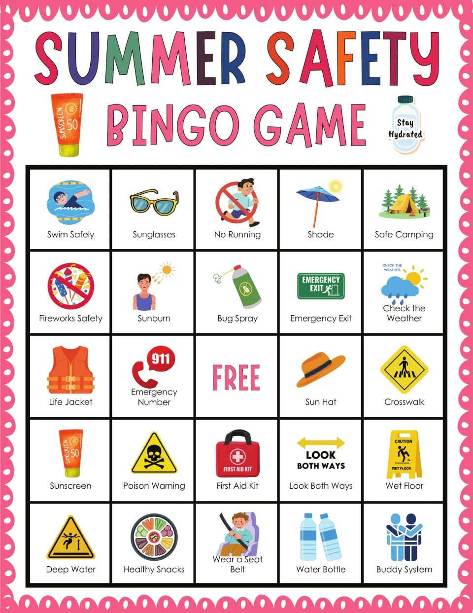 Summer safety bingo: players mark tips like Swim Safely, Sunglasses, No Running, Shade and Check the Weather