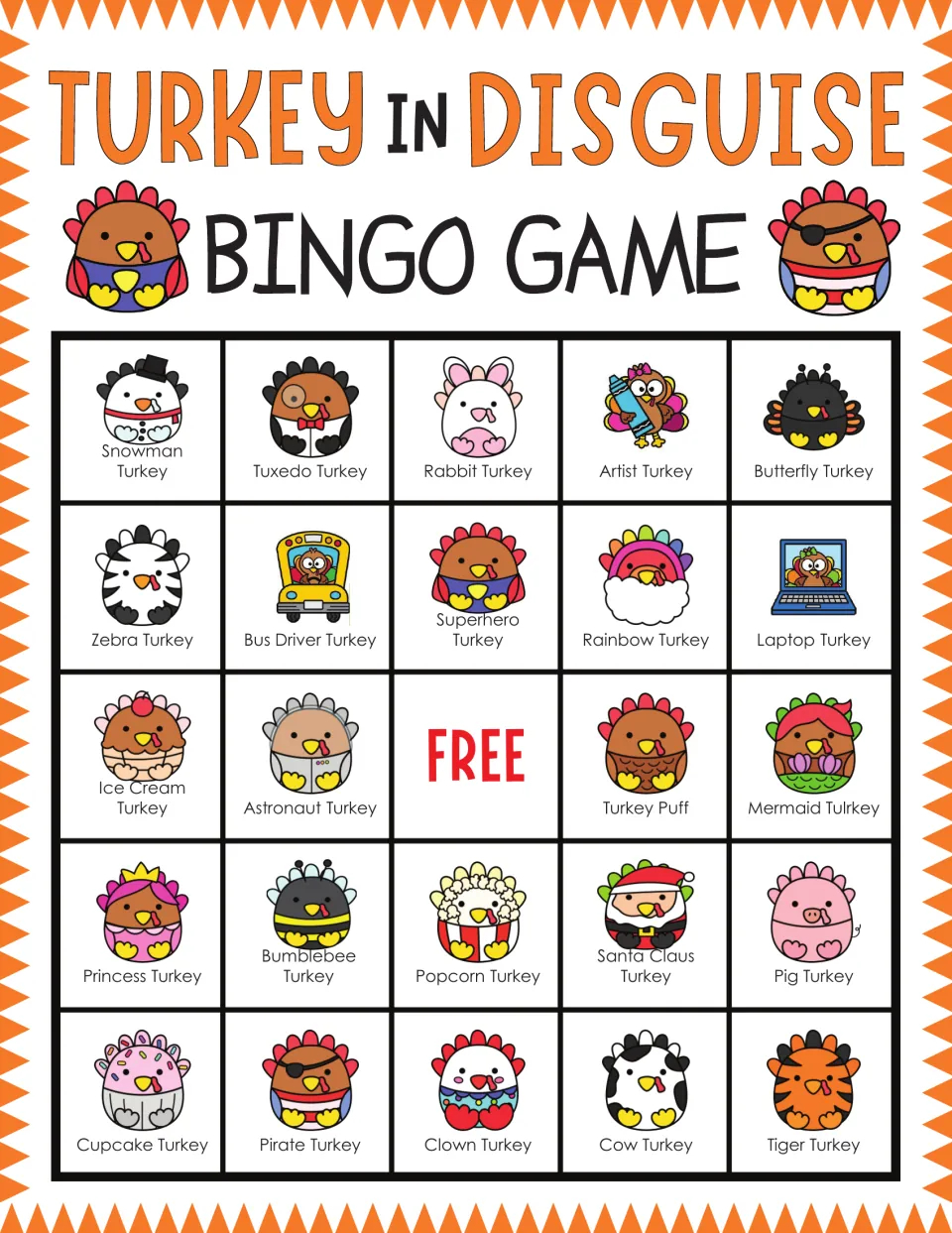 Turkey in Disguise bingo card: players mark called costumed turkeys; top row Snowman, Tuxedo, Rabbit, Artist, Butterfly