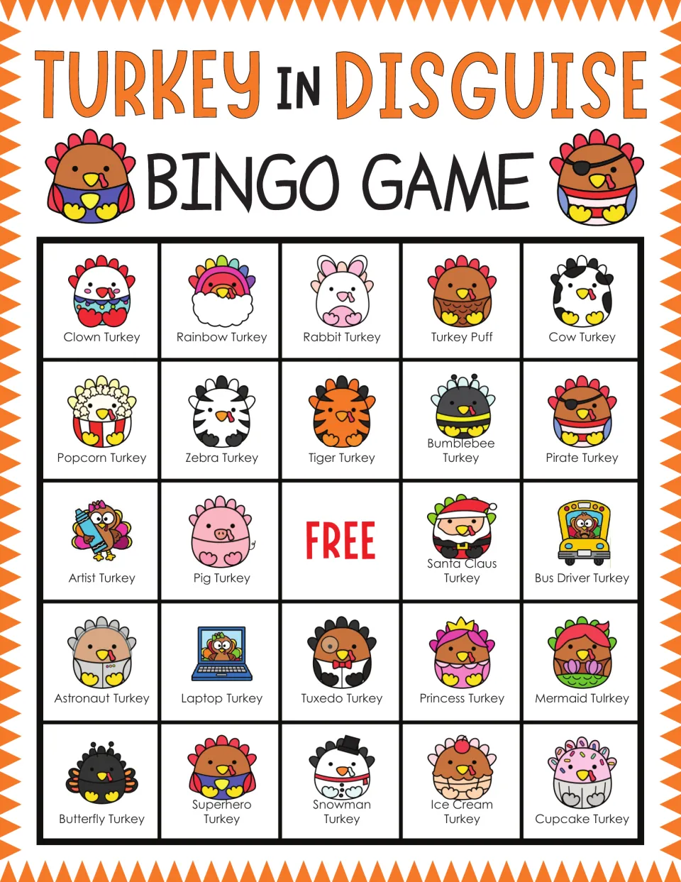 Turkey in Disguise bingo card: players mark called costumed turkeys; top row Clown, Rainbow, Rabbit, Turkey Puff, Cow