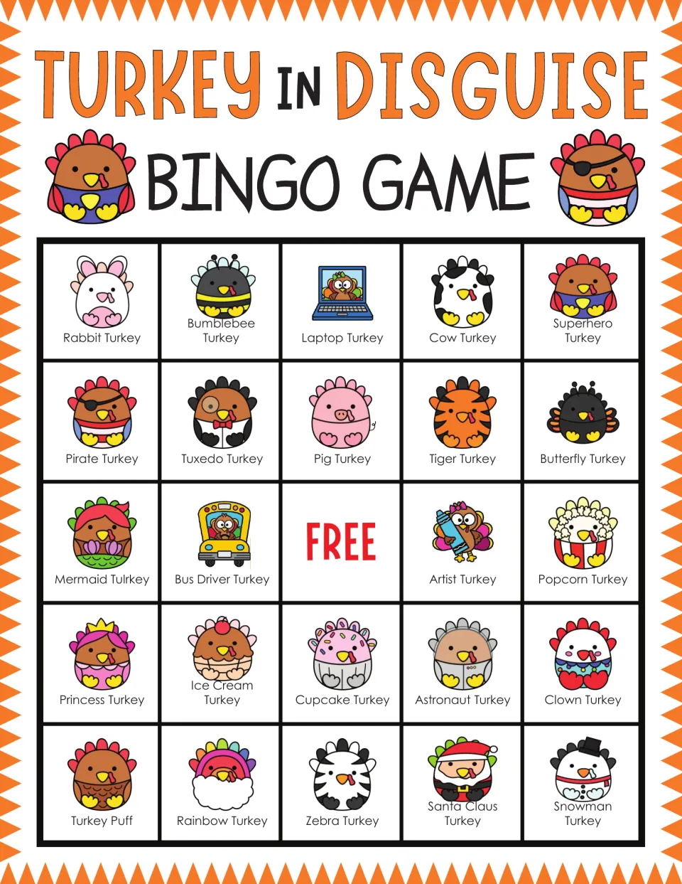 Turkey in Disguise bingo card: players mark called costumed turkeys; top row Rabbit, Bumblebee, Laptop, Cow, Superhero