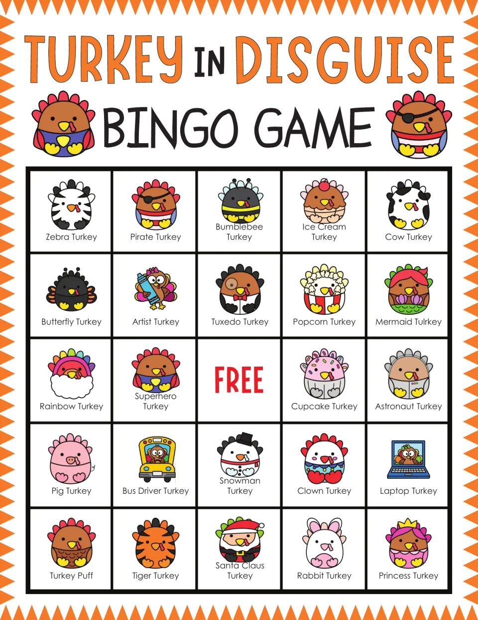 Turkey in Disguise bingo card: players mark called costumed turkeys; top row Zebra, Pirate, Bumblebee, Ice Cream, Cow