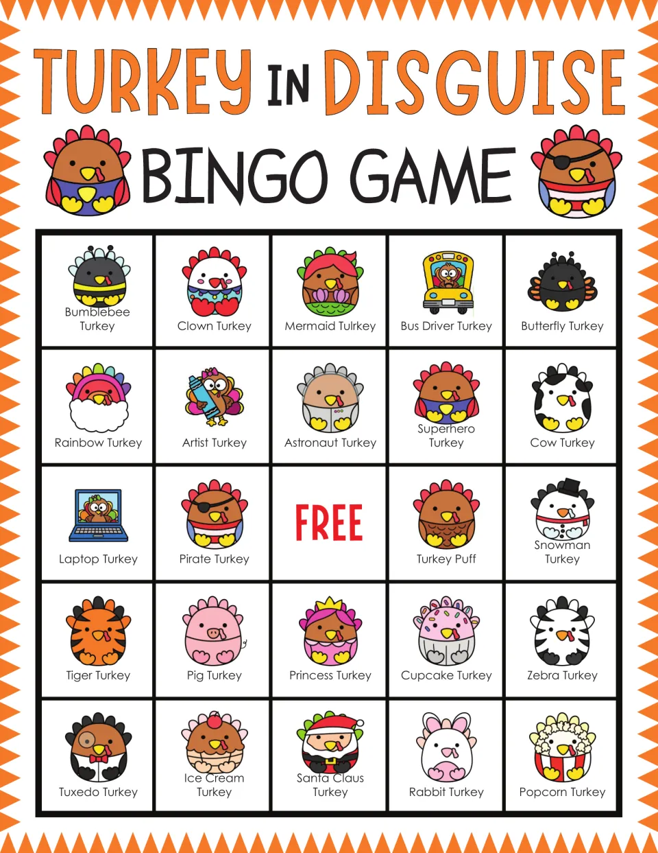 Turkey in Disguise bingo card: players mark costumed turkeys; top row Bumblebee, Clown, Mermaid, Bus Driver, Butterfly