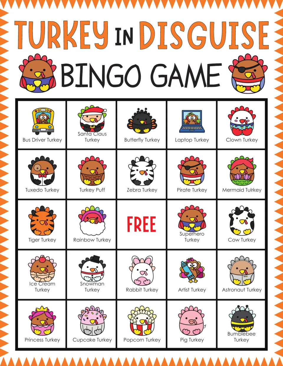 Turkey in Disguise bingo card: players mark costumed turkeys; top row Bus Driver, Santa Claus, Butterfly, Laptop, Clown