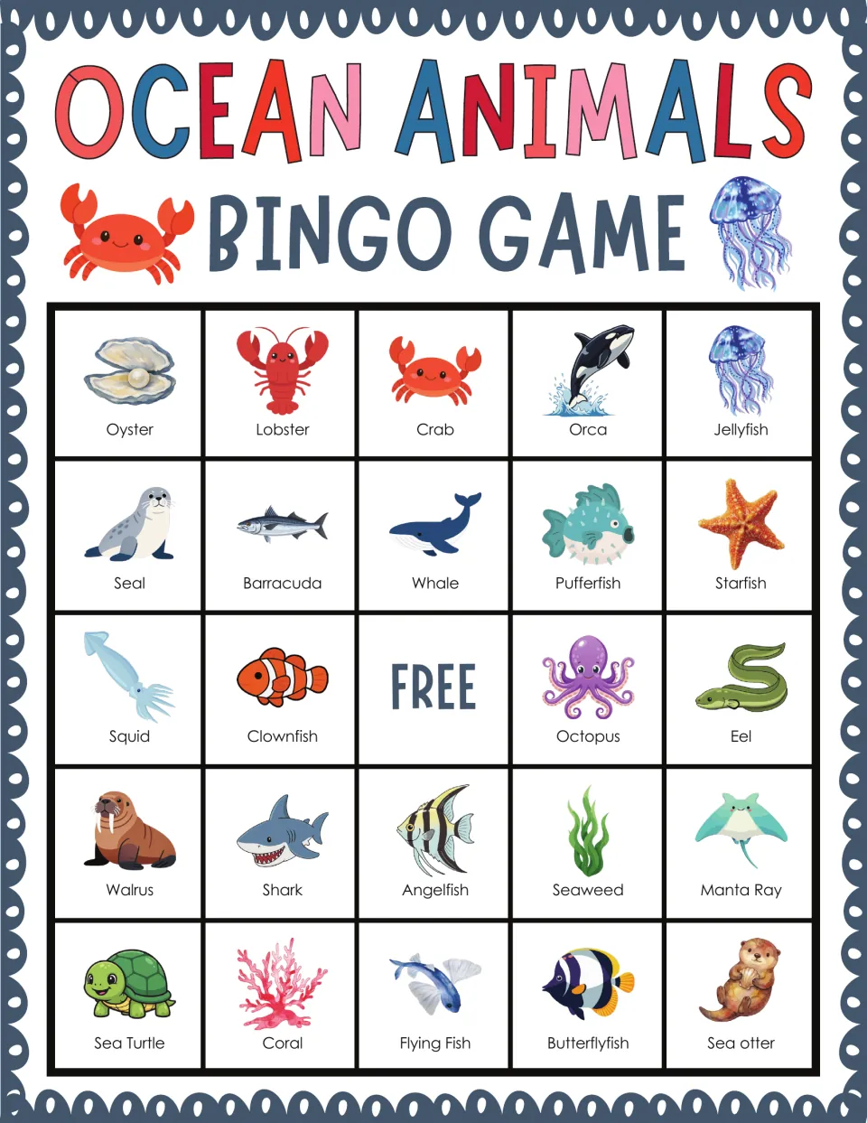 Ocean Animals Bingo card: students identify and cover pictured sea life, starting with oyster, lobster, crab and orca