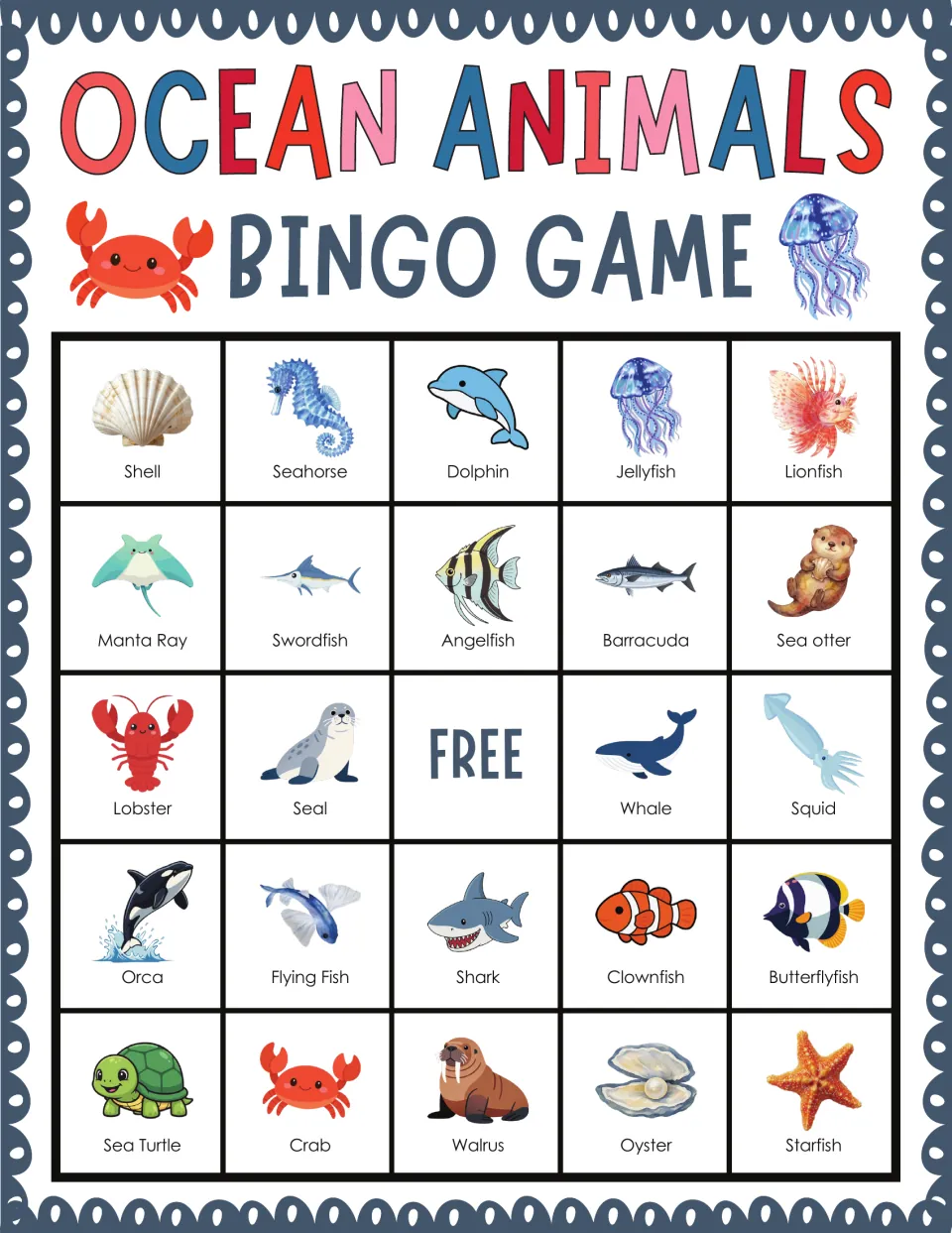 Ocean Animals Bingo card: students match called names to labeled pictures, top row shell, seahorse, dolphin, lionfish