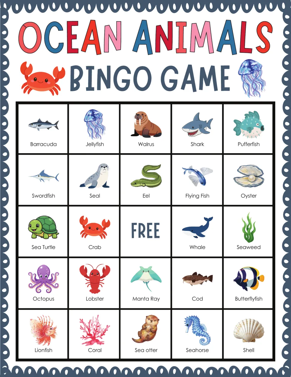 Ocean animal bingo card for naming sea creatures, with barracuda, jellyfish, walrus, shark and pufferfish across the top