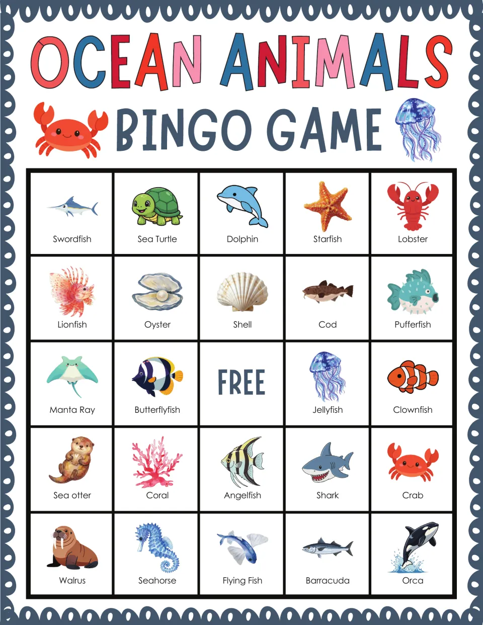 Sea animal vocabulary bingo card: players cover swordfish, sea turtle, dolphin, starfish, lobster when called