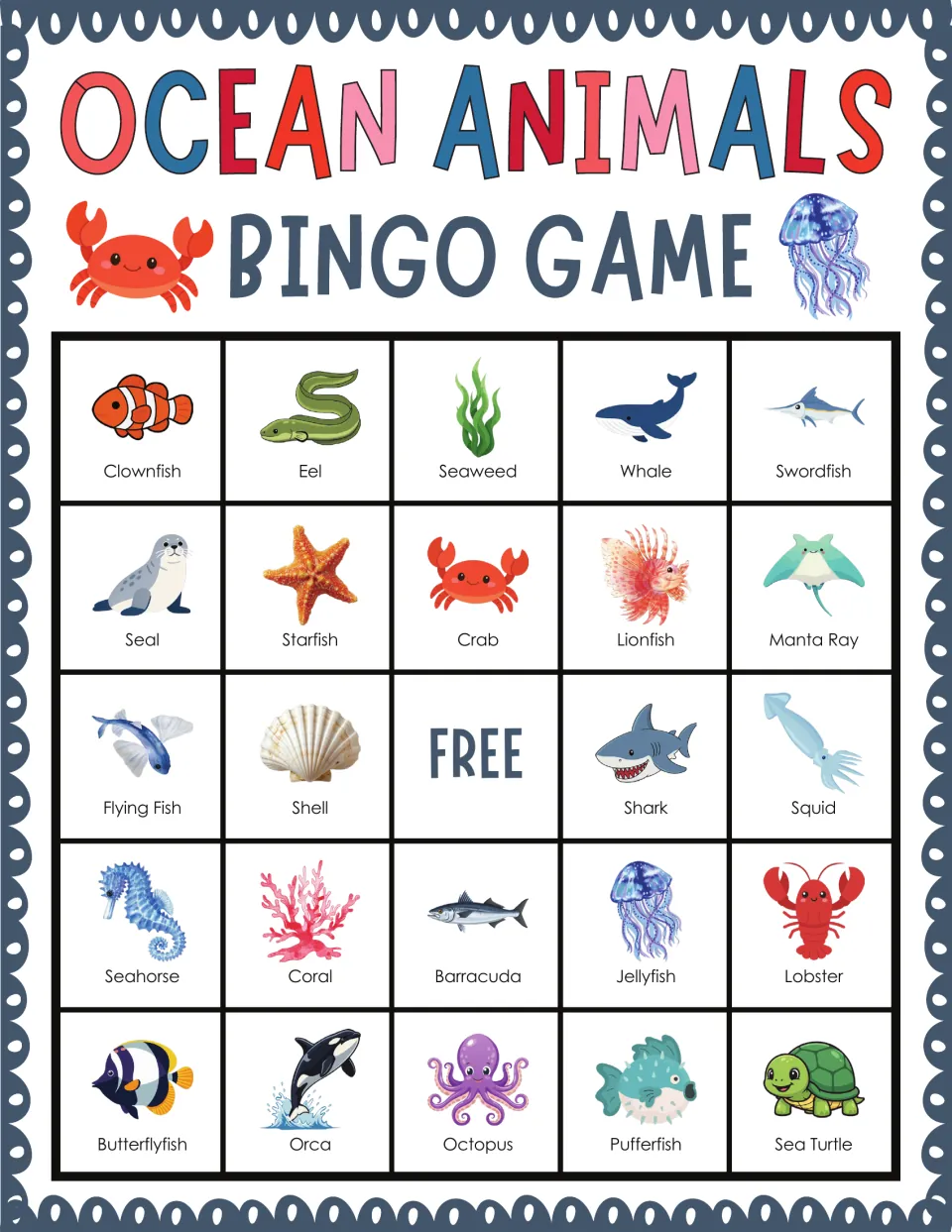 Marine life bingo card for recognizing animals by name: clownfish, eel, seaweed, whale and swordfish lead the first row