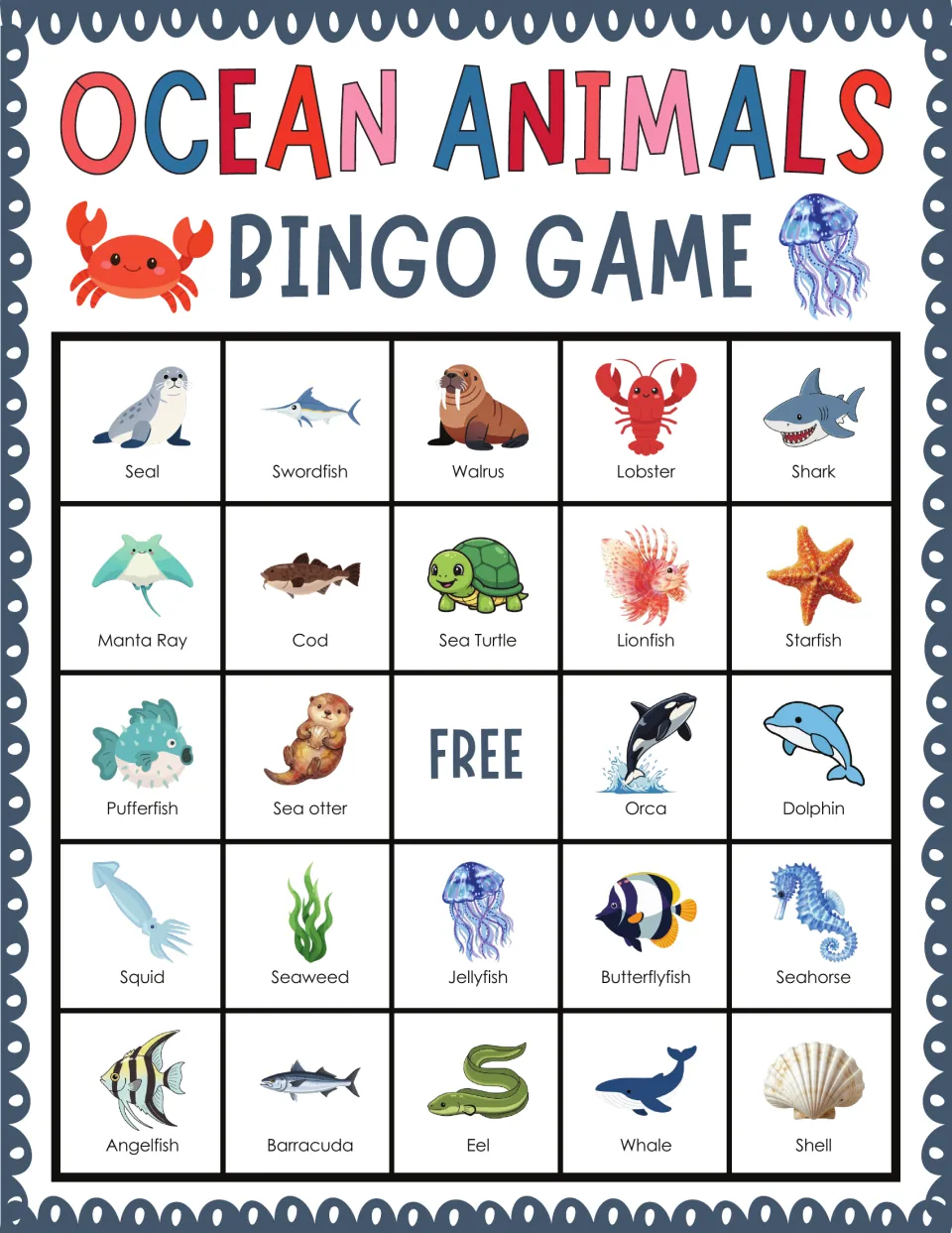 Ocean Animals Bingo card: students listen and mark seal, swordfish, walrus, lobster, shark and more sea pictures