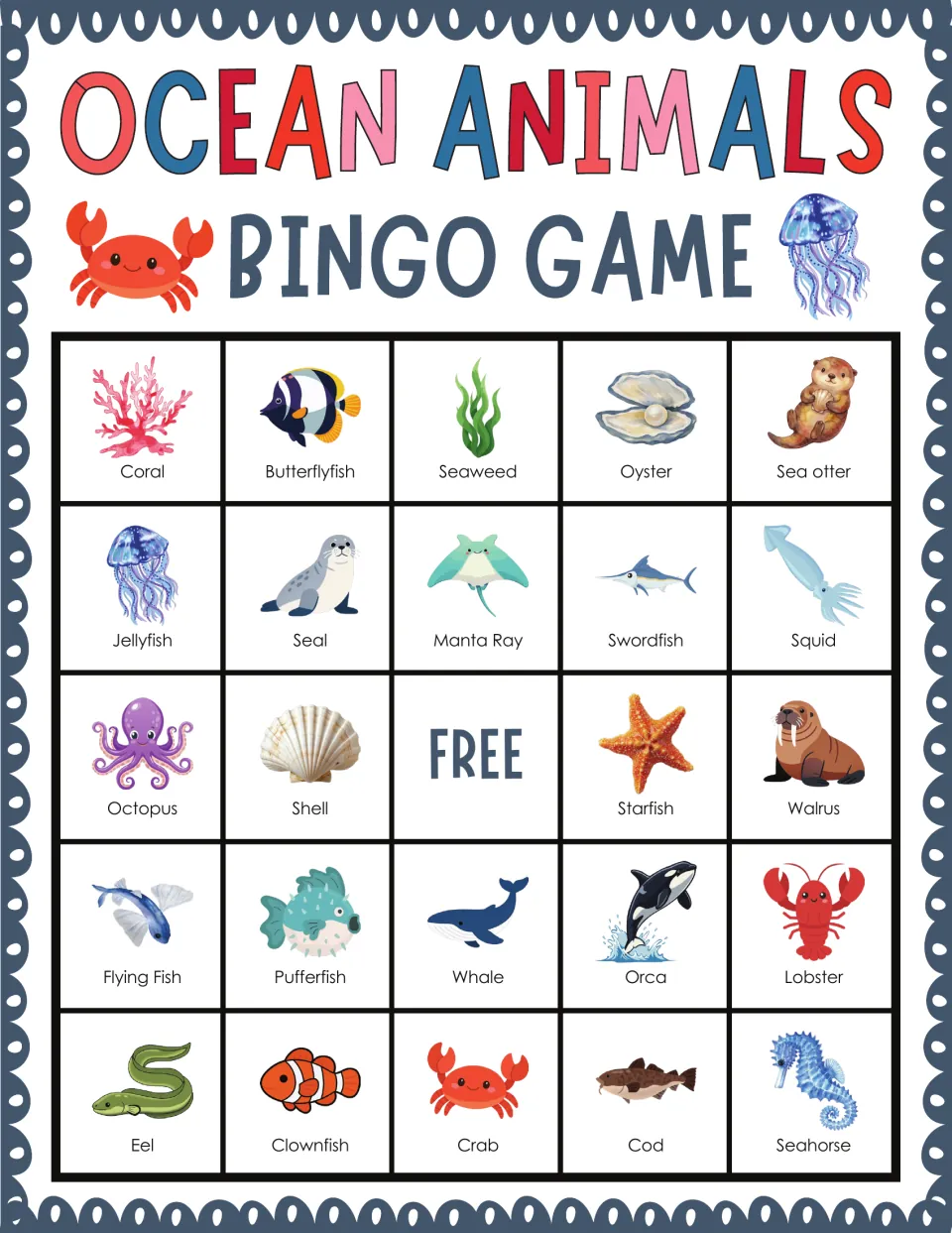 Sea creature bingo card for word-picture matching, opening with coral, butterflyfish, seaweed, oyster and sea otter