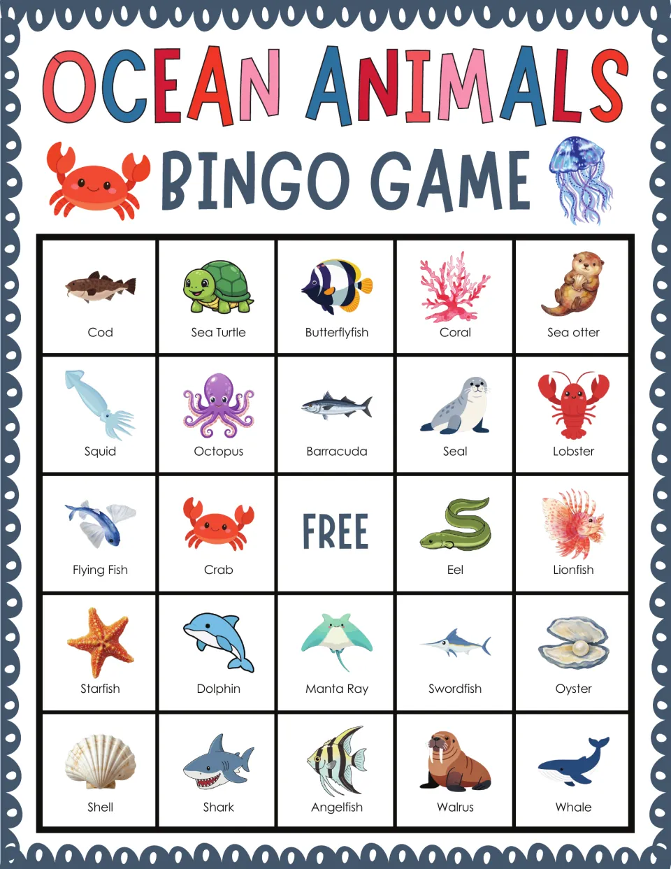 Ocean animal bingo card where players spot creatures, top row cod, sea turtle, butterflyfish, coral and sea otter