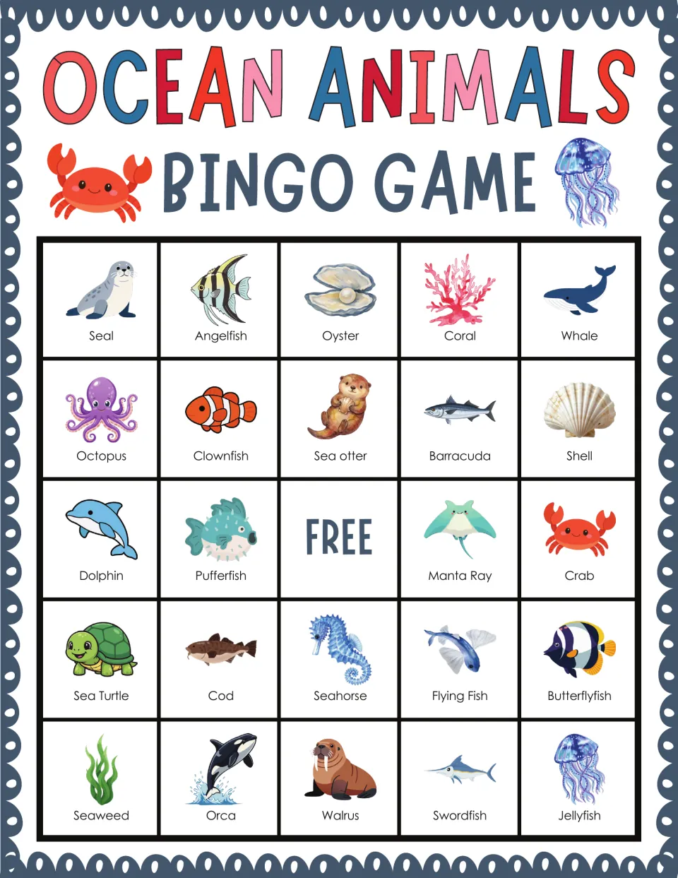 Ocean Animals Bingo card for naming sea life: seal, angelfish, oyster, coral and whale top 24 labeled pictures