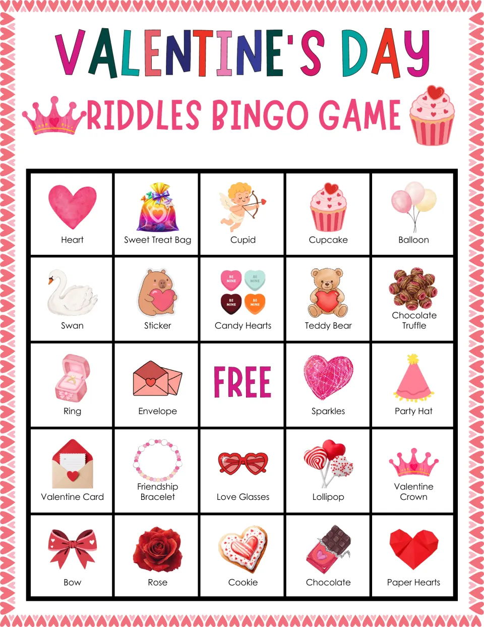 Valentine's Day riddles bingo card: players mark pictured words; top row Heart, Sweet Treat Bag, Cupid, Cupcake, Balloon