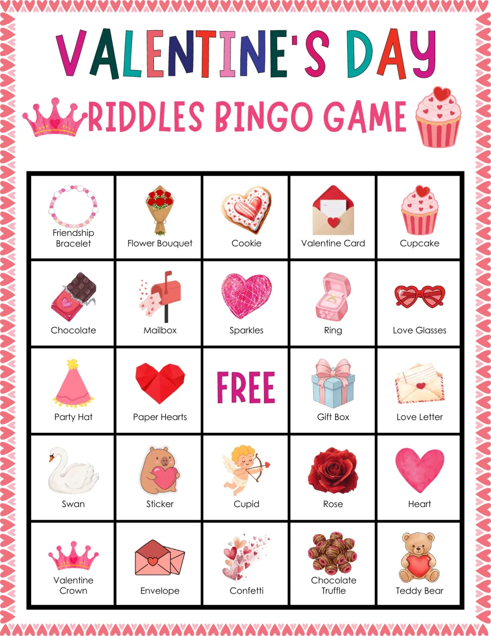Valentine riddles bingo card with Friendship Bracelet, Flower Bouquet, Cookie, Valentine Card and Cupcake across the top