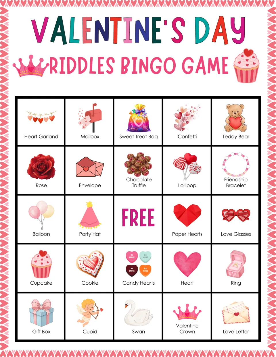 Valentine's bingo card for riddle answers, top row Heart Garland, Mailbox, Sweet Treat Bag, Confetti and Teddy Bear