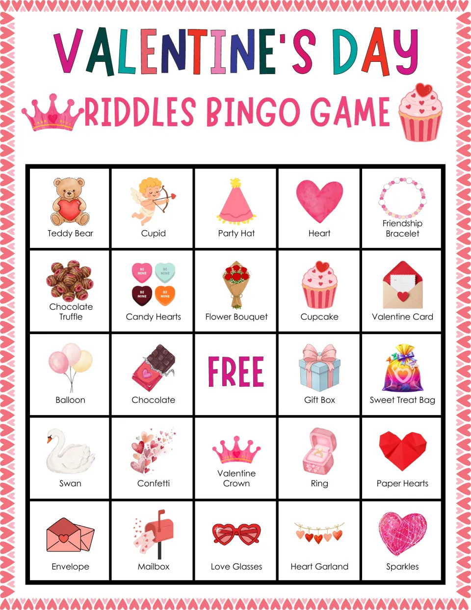 Valentine riddles bingo card where players cover answer pictures, starting Teddy Bear, Cupid, Party Hat, Heart