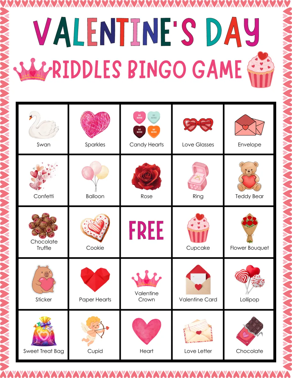 Valentine's Day bingo card of holiday words, top row Swan, Sparkles, Candy Hearts, Love Glasses and Envelope, FREE center
