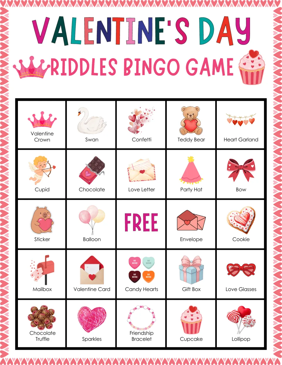 Valentine riddle bingo card starting with Valentine Crown, Swan, Confetti, Teddy Bear and Heart Garland in the top row