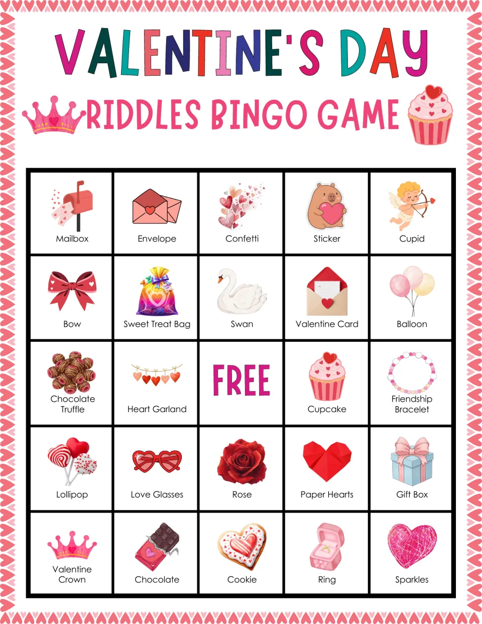 Valentine's riddles bingo card with pictured words; top row Mailbox, Envelope, Confetti, Sticker, Cupid; FREE in the middle