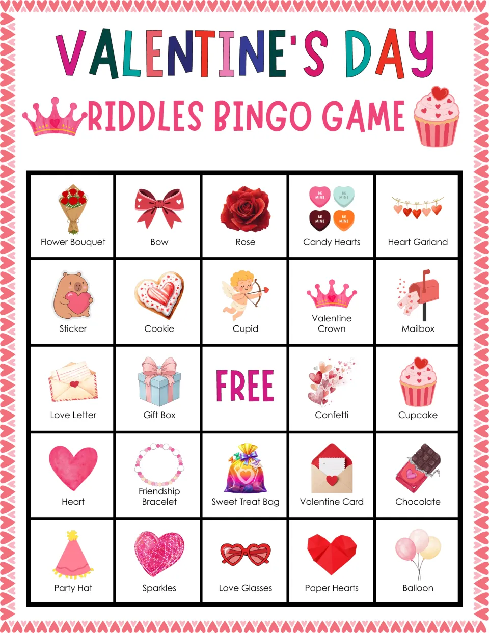 Valentine bingo card for solving riddles, top row Flower Bouquet, Bow, Rose, Candy Hearts and Heart Garland