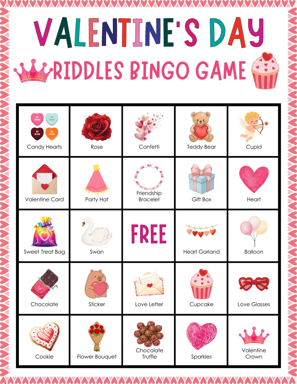 Valentine's Day riddle bingo card listing Candy Hearts, Rose, Confetti, Teddy Bear and Cupid across the top row