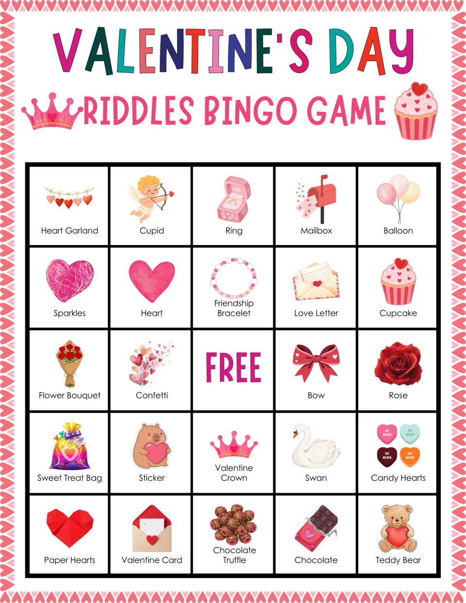 Valentine riddles bingo card: players match answers to pictures; top row Heart Garland, Cupid, Ring, Mailbox, Balloon