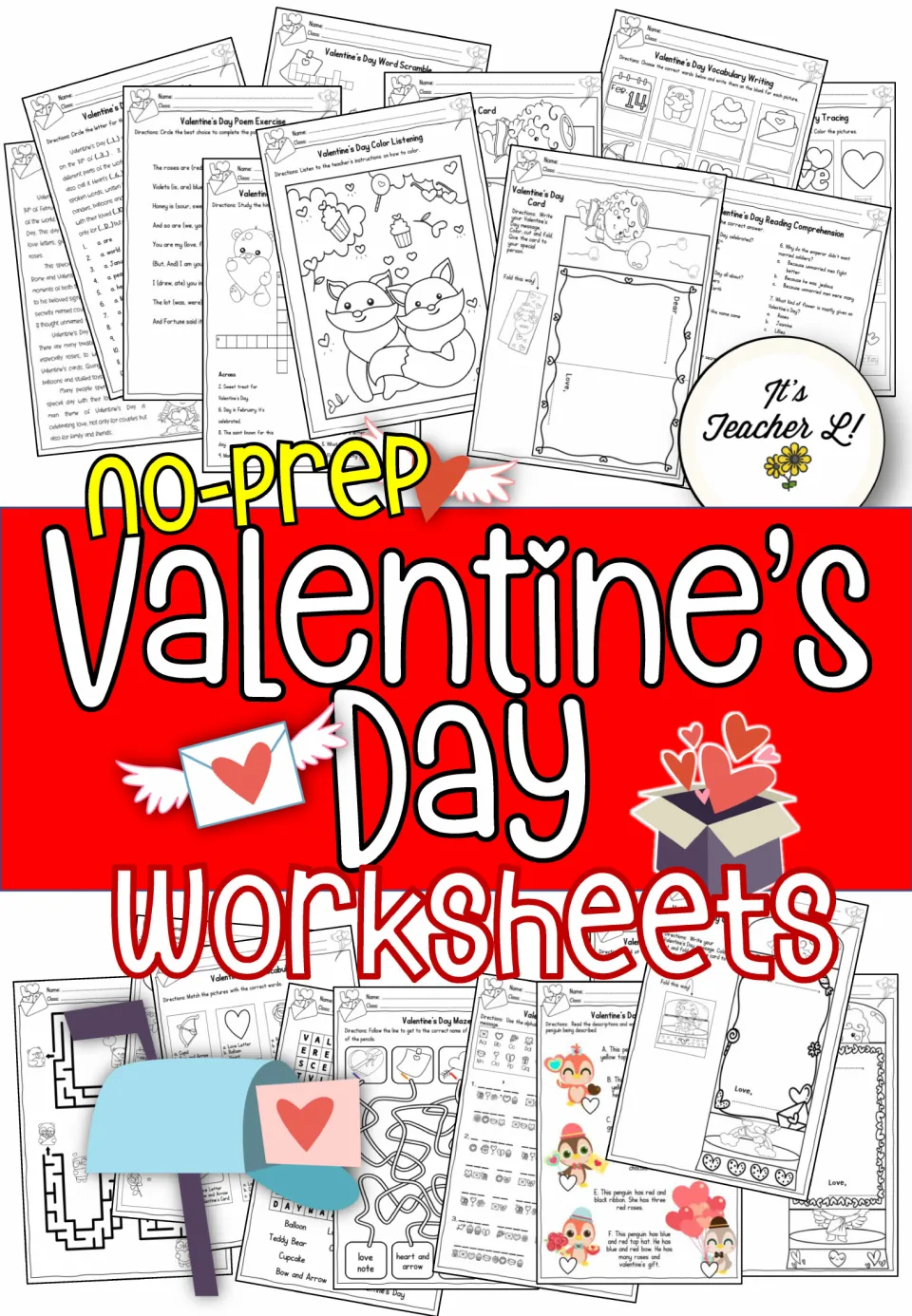 No-Prep Valentine's Day Worksheets cover showing word scramble, poem, color listening, card, maze and vocabulary pages