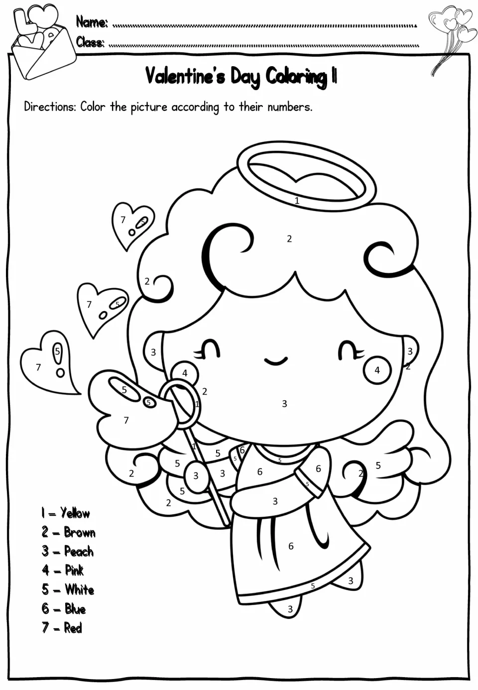 Coloring 1: students color a haloed angel blowing heart bubbles by number, using a 7-color key from yellow to red
