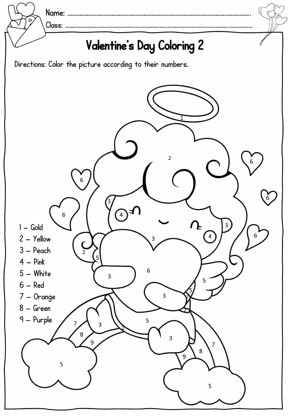 Coloring 2: students color a cupid hugging a heart on a rainbow by following a 9-color key from gold to purple