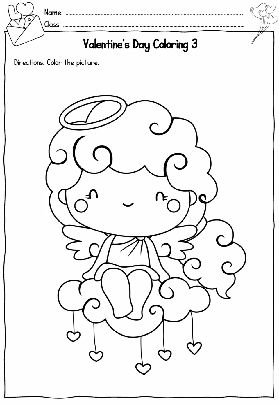 Coloring 3: students freely color a curly-haired angel sitting on a cloud with small hearts hanging below